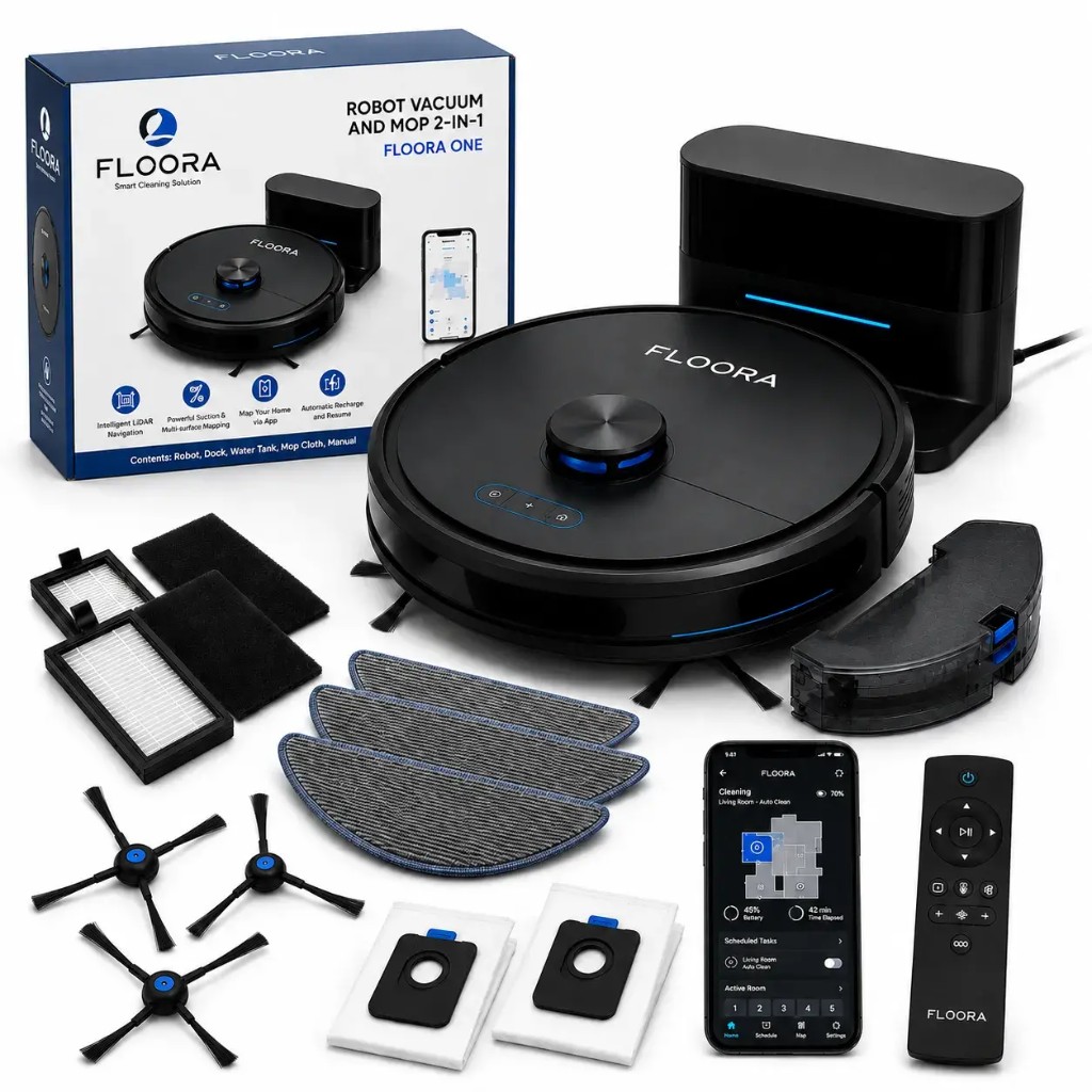 Kit completo Floora robot aspirapolvere con base e accessori