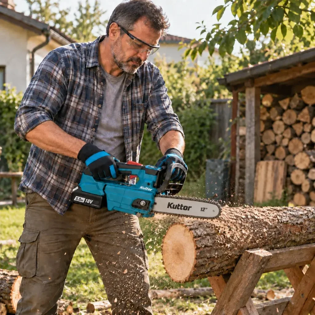 Man cutting firewood with Kuttor™ 36V cordless chainsaw on a sawhorse