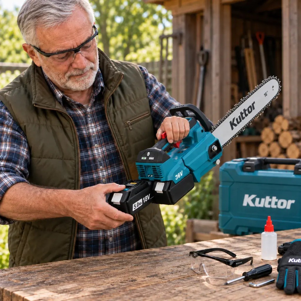 Inserting 18V battery into Kuttor™ 36V cordless chainsaw at outdoor workbench
