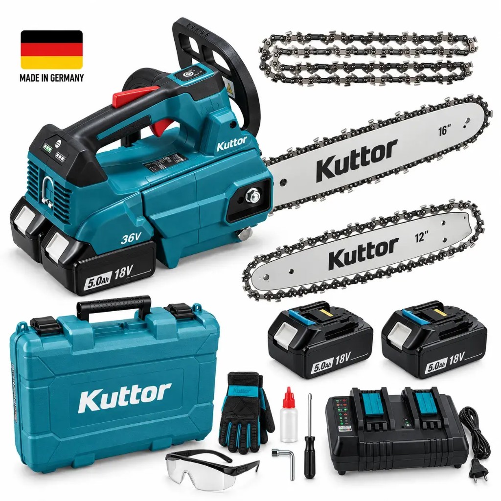 Kuttor™ 36V cordless chainsaw complete kit — batteries, bars, chains, gloves and carry case