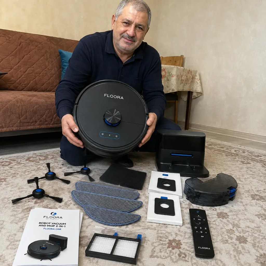 Cliente Floora One con robot aspirapolvere e kit accessori completo