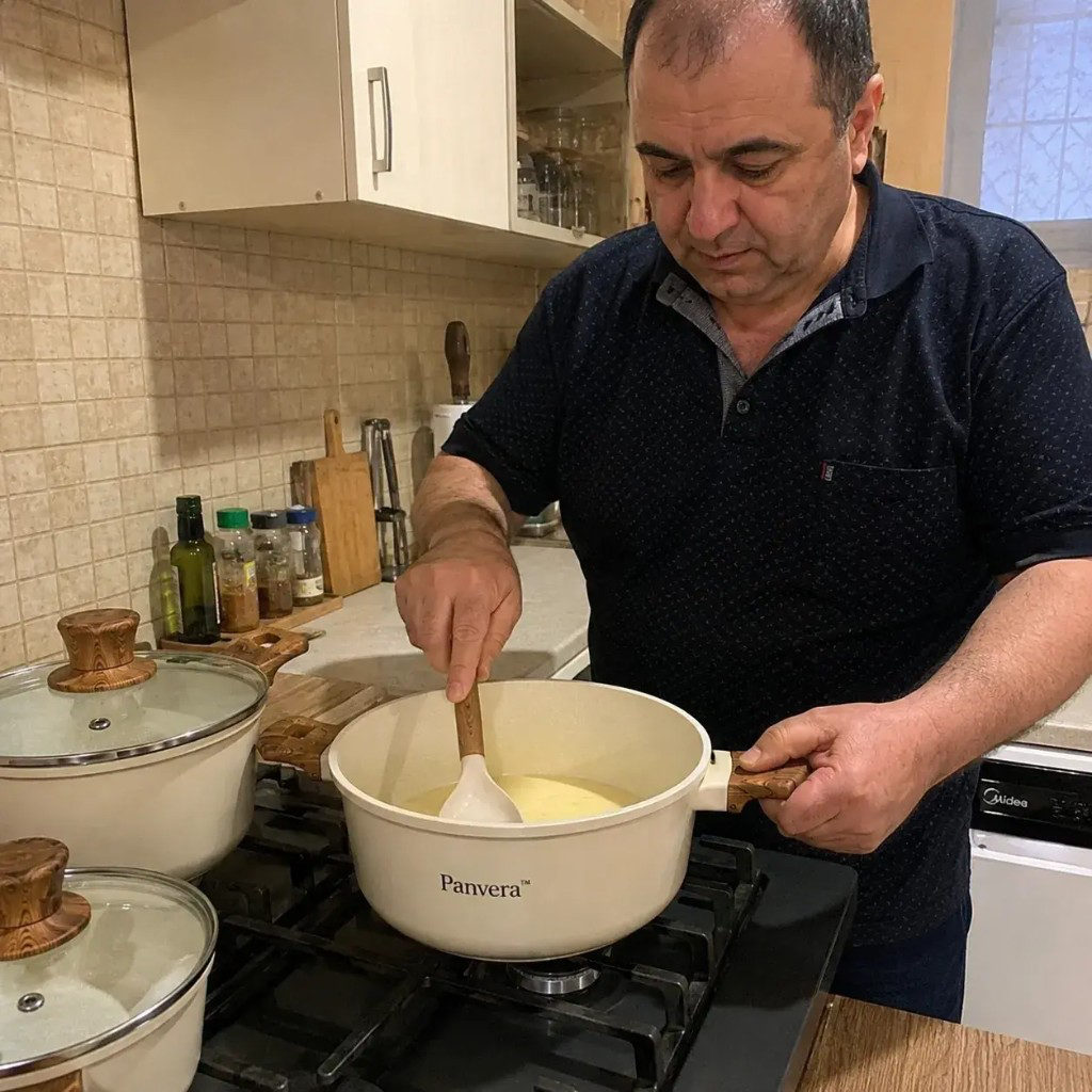 Kupec Panvera kuha doma s kremastim kamnitim kompletom