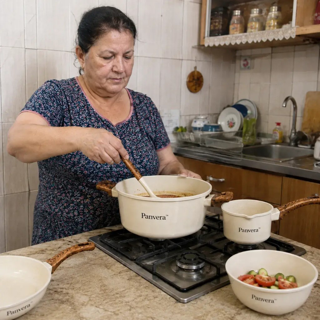 Stranka Panvera kuha doma s kremastim kamnitim kompletom