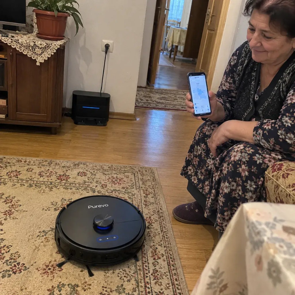 Cliente Purevo a casa con robot aspirapolvere sul tappeto