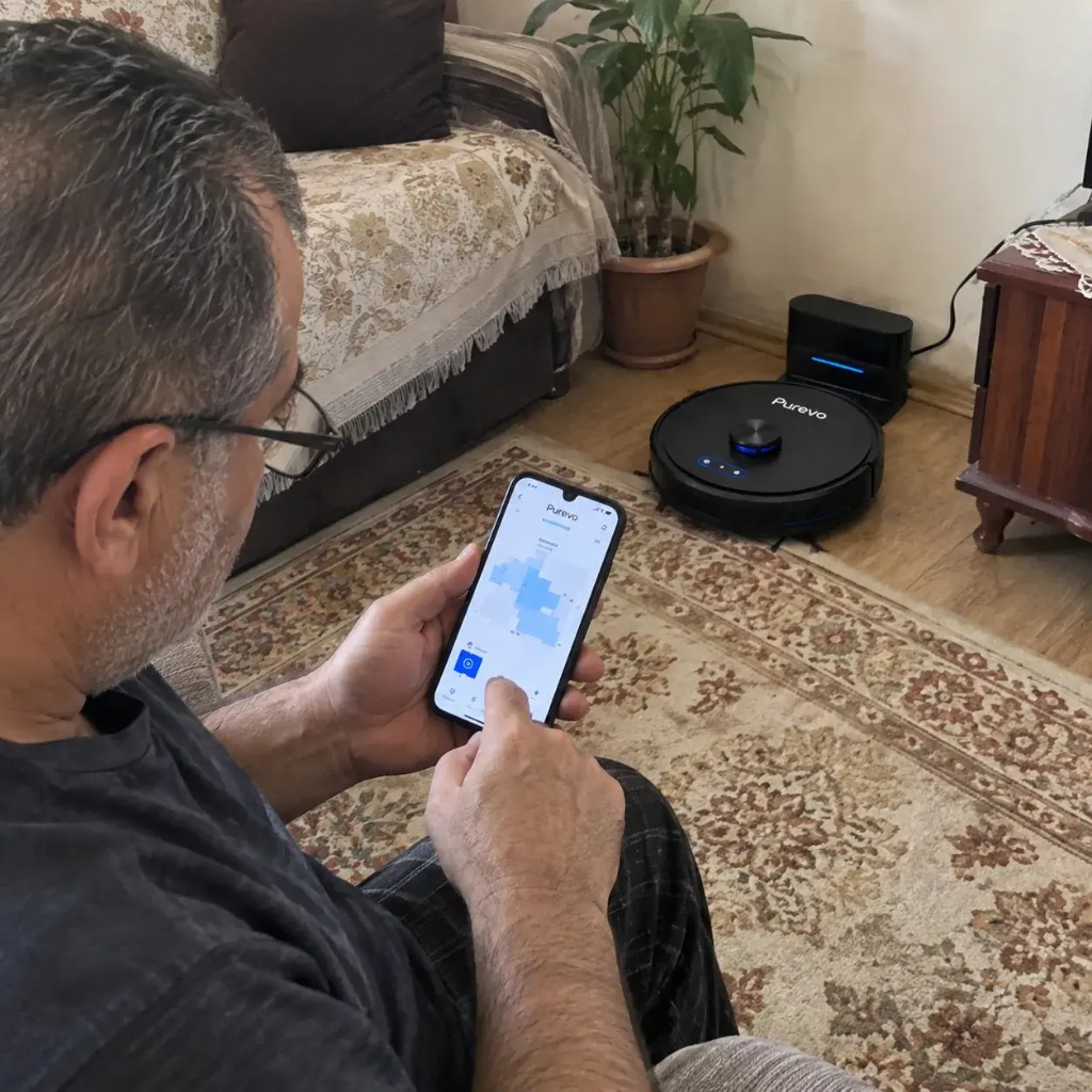 Cliente Purevo con robot aspirapolvere e kit accessori completo